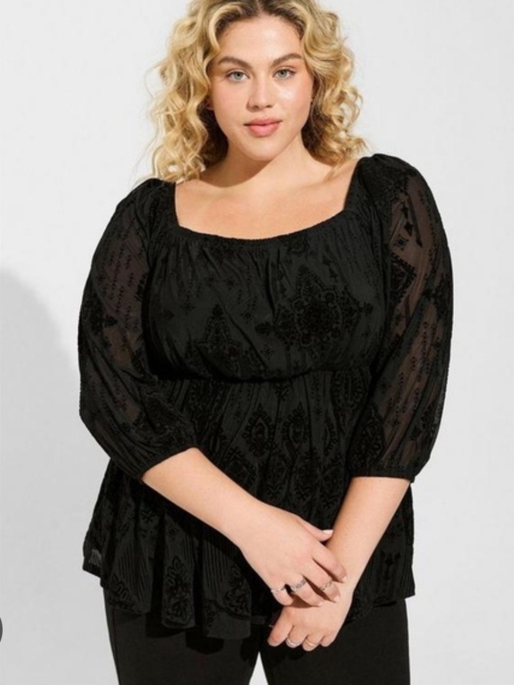 torrid Black Square Neck Sheer Sleeve Peasant Blouse